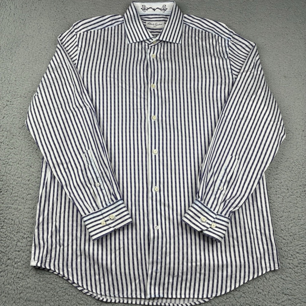 Robert Graham Blue White Striped Dress Shirt Men's 43/17 100% Cotton